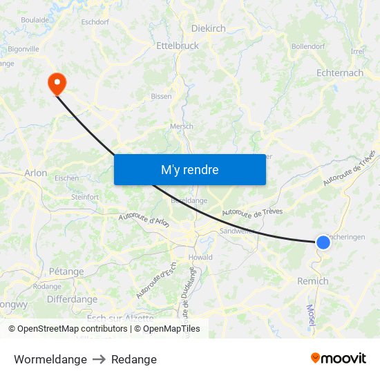 Wormeldange to Redange map