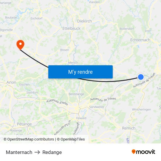 Manternach to Redange map