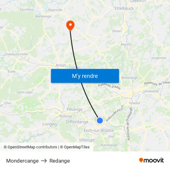 Mondercange to Redange map