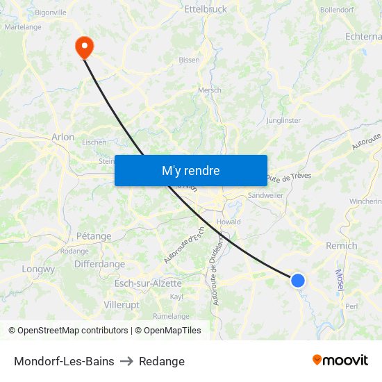 Mondorf-Les-Bains to Redange map