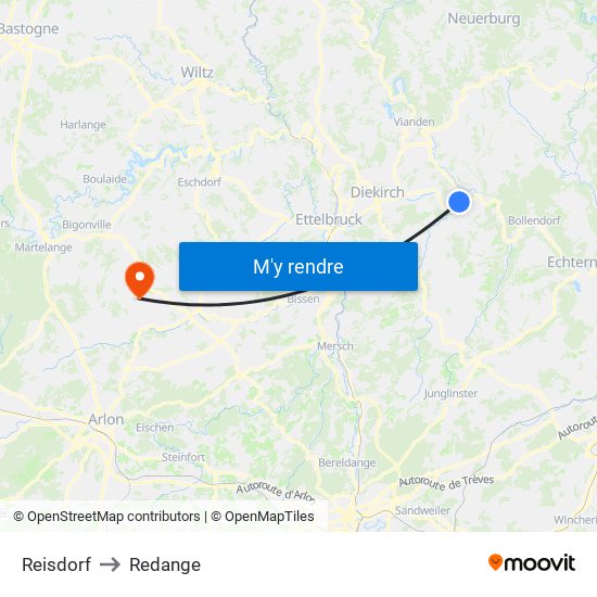 Reisdorf to Redange map