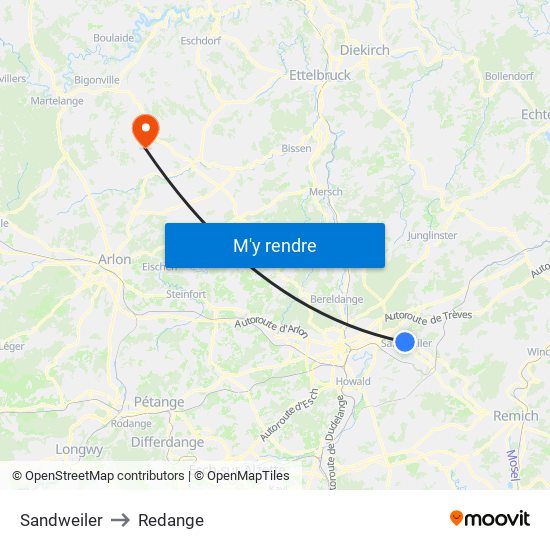 Sandweiler to Redange map