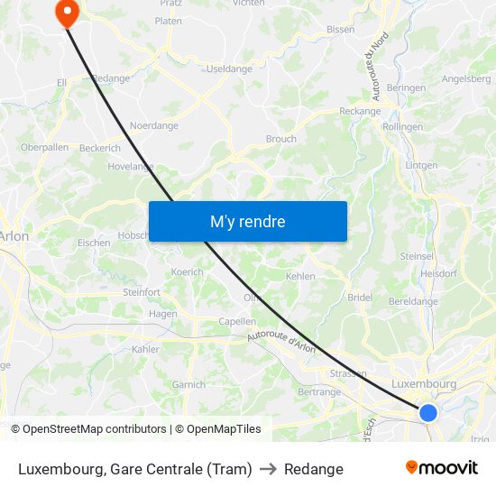 Luxembourg, Gare Centrale (Tram) to Redange map