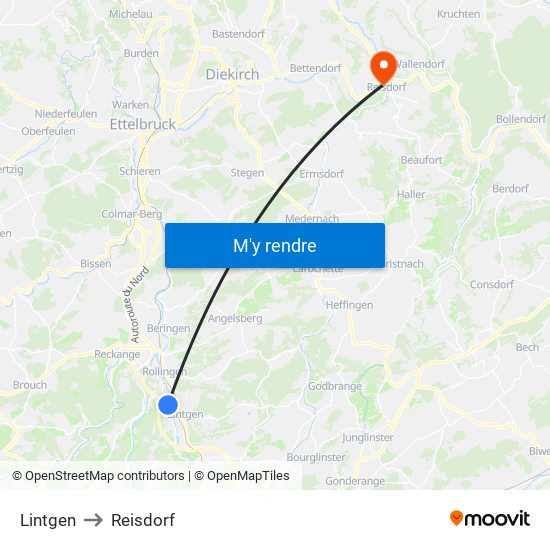 Lintgen to Reisdorf map