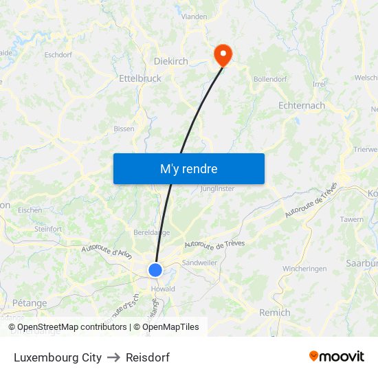 Luxembourg City to Reisdorf map