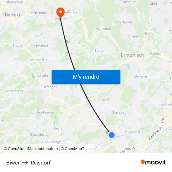 Biwer to Reisdorf map