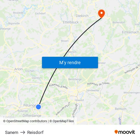 Sanem to Reisdorf map