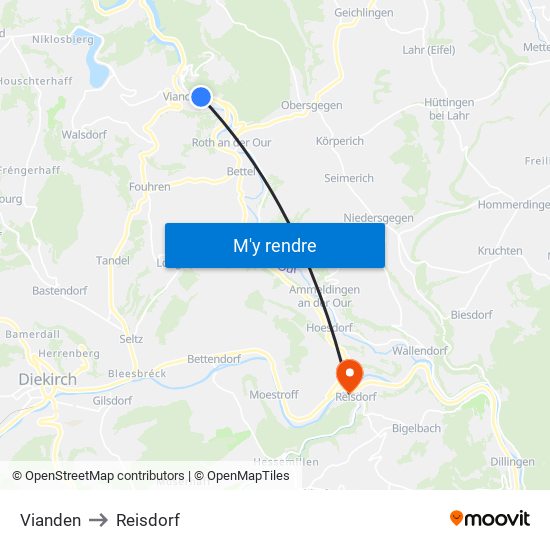 Vianden to Reisdorf map