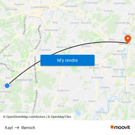 Kayl to Remich map