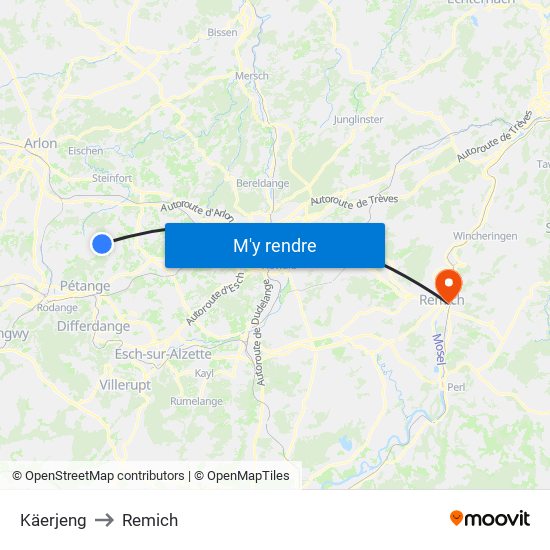 Käerjeng to Remich map