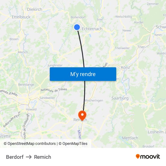Berdorf to Remich map