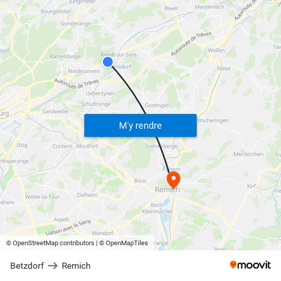Betzdorf to Remich map