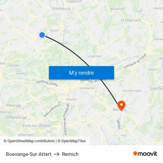 Boevange-Sur-Attert to Remich map