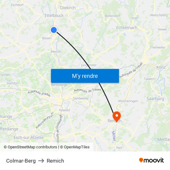 Colmar-Berg to Remich map