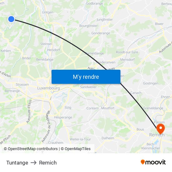 Tuntange to Remich map