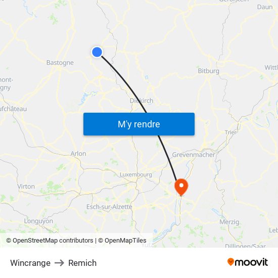 Wincrange to Remich map