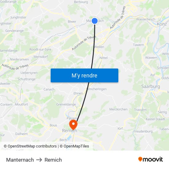 Manternach to Remich map