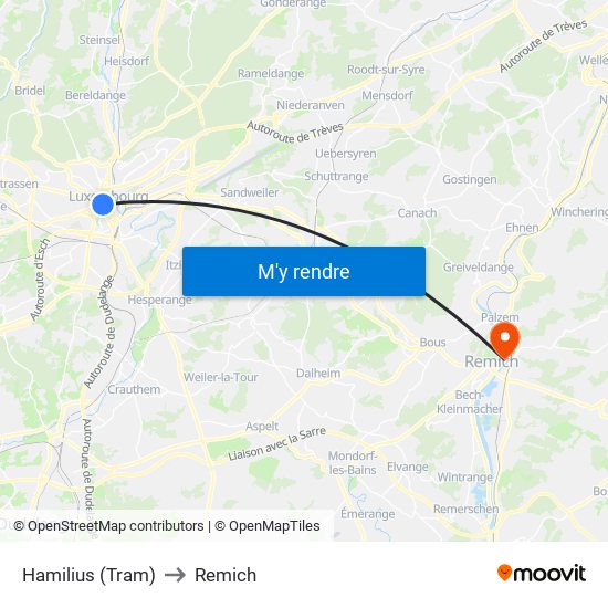 Hamilius (Tram) to Remich map