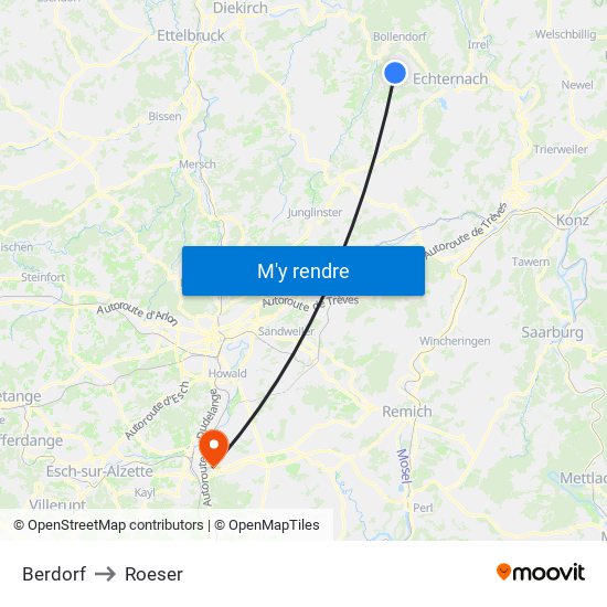 Berdorf to Roeser map