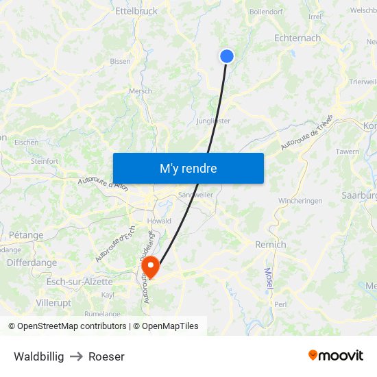 Waldbillig to Roeser map