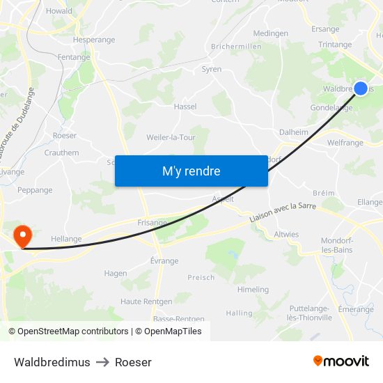 Waldbredimus to Roeser map