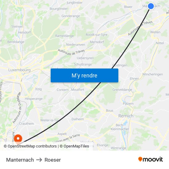 Manternach to Roeser map