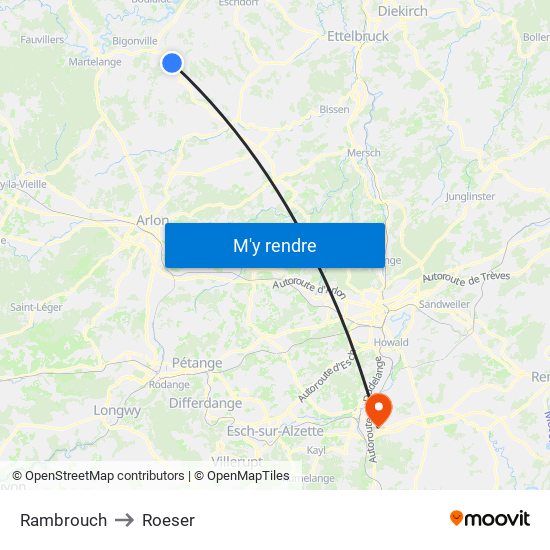 Rambrouch to Roeser map