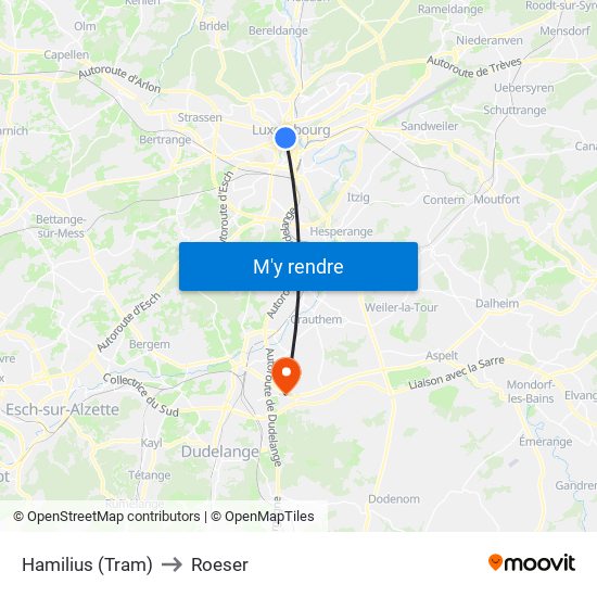 Hamilius (Tram) to Roeser map