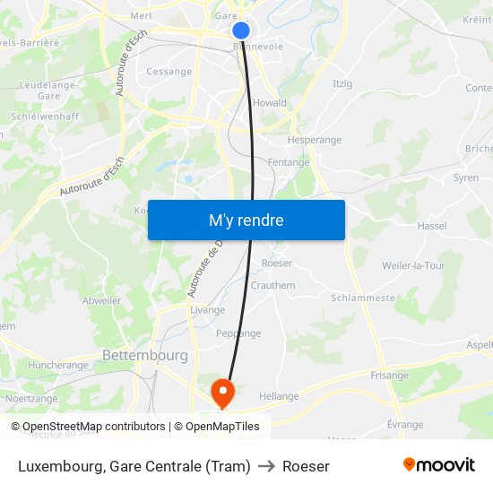 Luxembourg, Gare Centrale (Tram) to Roeser map
