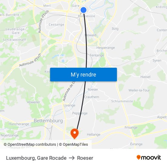 Luxembourg, Gare Rocade to Roeser map