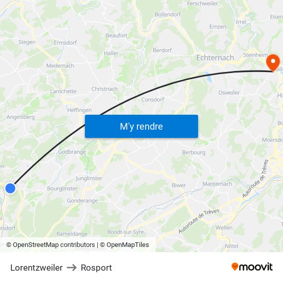 Lorentzweiler to Rosport map