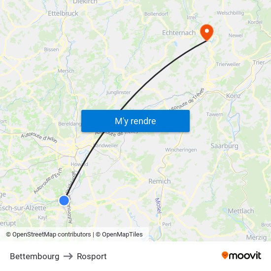 Bettembourg to Rosport map