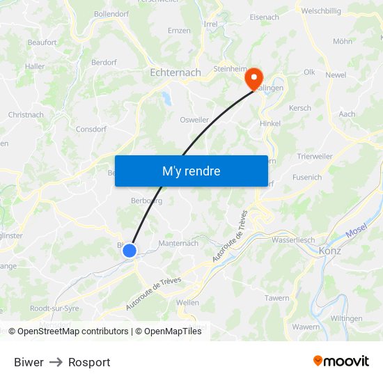 Biwer to Rosport map