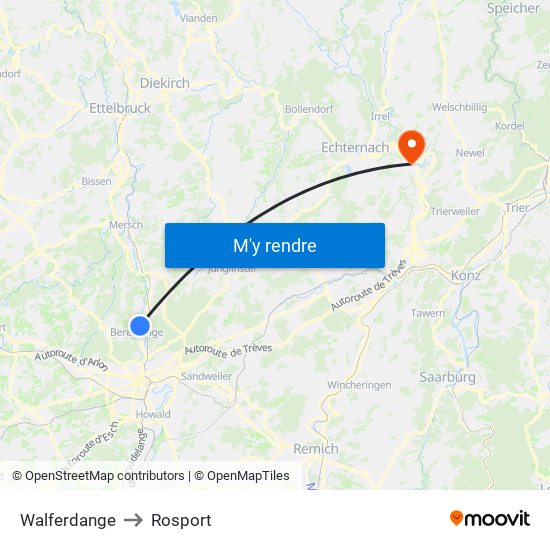 Walferdange to Rosport map