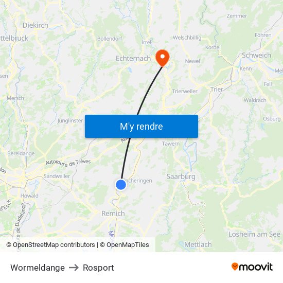 Wormeldange to Rosport map