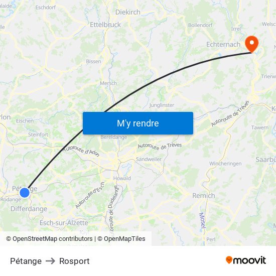 Pétange to Rosport map