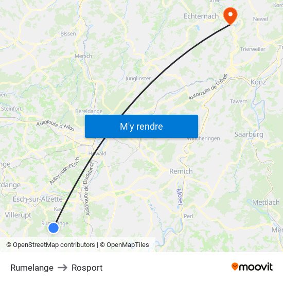 Rumelange to Rosport map