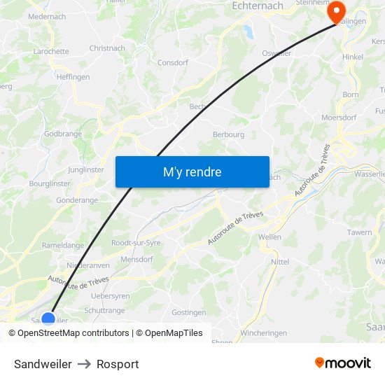 Sandweiler to Rosport map
