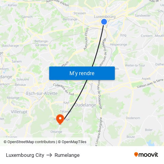 Luxembourg City to Rumelange map