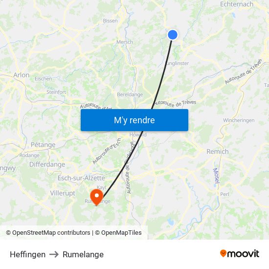 Heffingen to Rumelange map