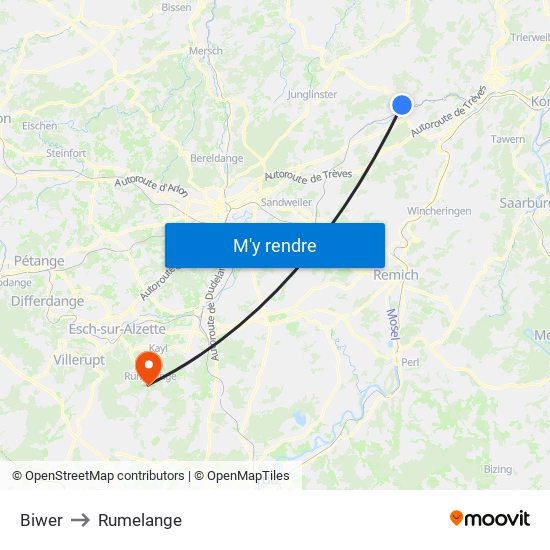 Biwer to Rumelange map