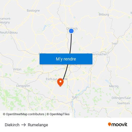 Diekirch to Rumelange map