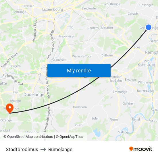 Stadtbredimus to Rumelange map