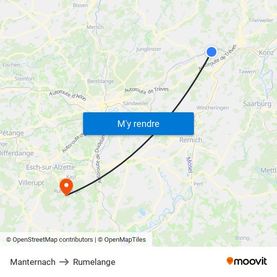 Manternach to Rumelange map