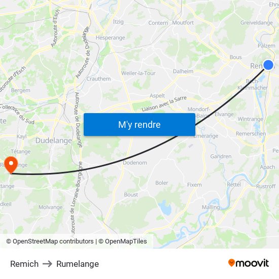 Remich to Rumelange map