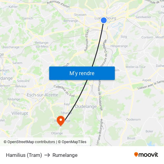 Hamilius (Tram) to Rumelange map