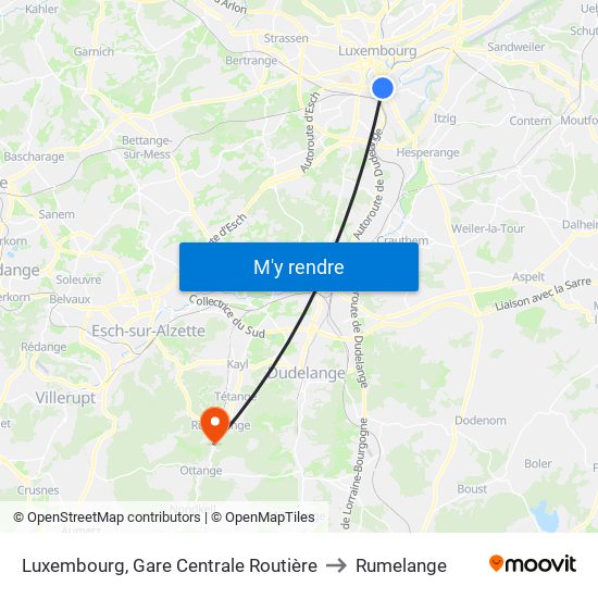 Luxembourg, Gare Centrale Routière to Rumelange map