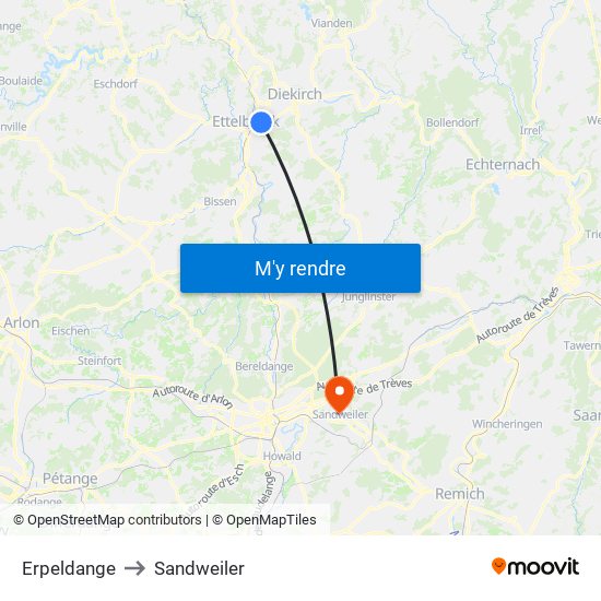 Erpeldange to Sandweiler map