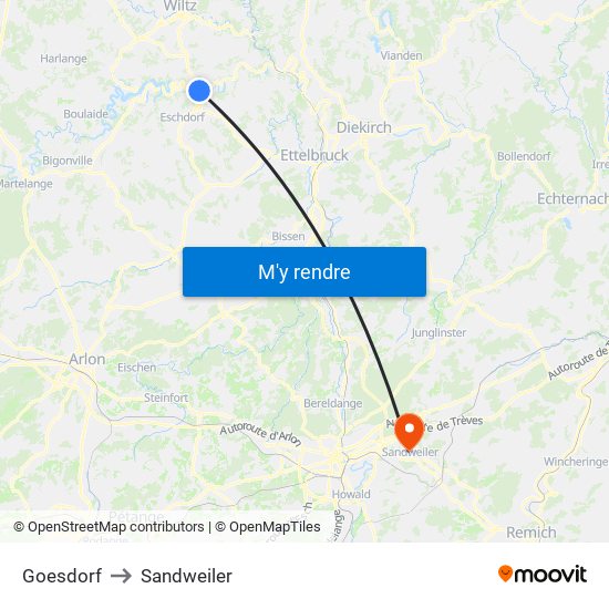 Goesdorf to Sandweiler map