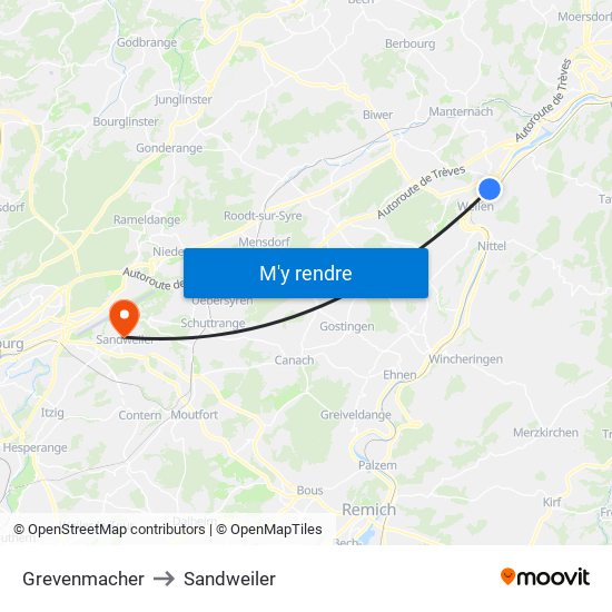 Grevenmacher to Sandweiler map